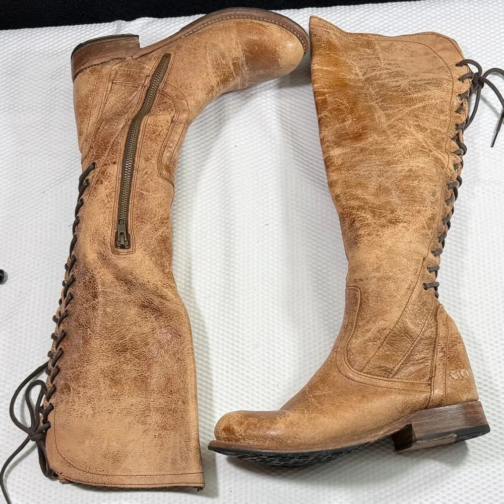 Bed Stu Benchmade Tan Knee-High Lace—Up Back Leather Boots size 8